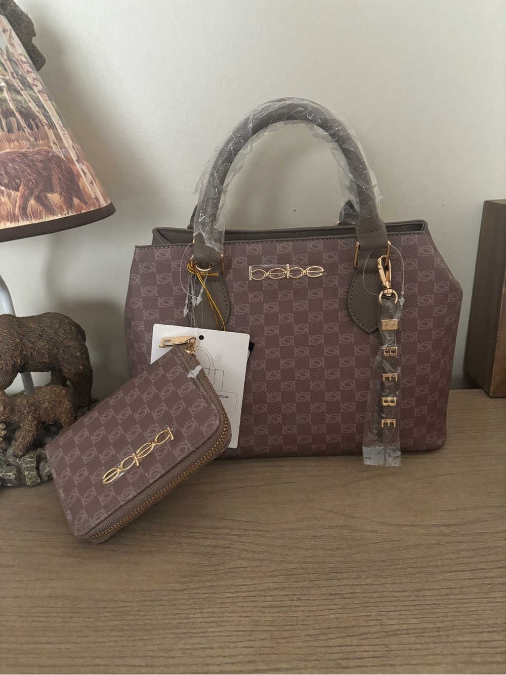 bebe Taupe Monogram Satchel with Matching Wallet